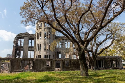 Tree in front of the atomic bomb dome, Atomic Bomb Dome, ruins of the former Chamber of Commerce