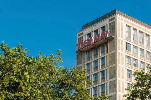 Logo of the Japanese chemical and pharmaceutical company Teijin on a building in Wuppertal, Germany