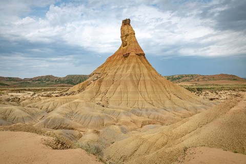 Castildeterra rock formation in the Bardenas Blanca area of the Bardenas Riales Natural Park,