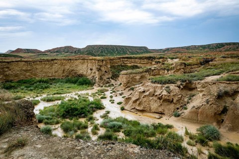 Huge gorges and rocks clearly formed by erosion in Bardenas Reales in Spain