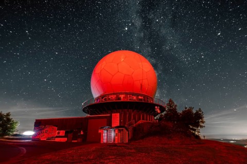 Radome Radar dome meets Milky Way. Wasserkuppe, Rhön, Hesse, Germany