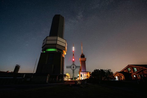 Feldberg tower at night with the Milky Way. Großer Feldberg in the Taunus, Hesse, Germany