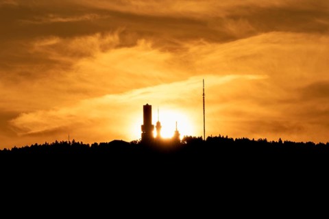 Feldberg tower in the evening glow of the setting sun. Großer Feldberg in the Taunus, Hesse,