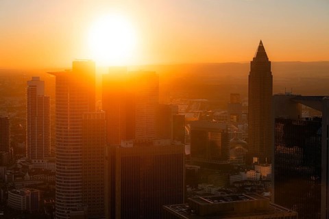 Golden sunset over the skyline. Banking district, Frankfurt am Main, Hesse, Germany