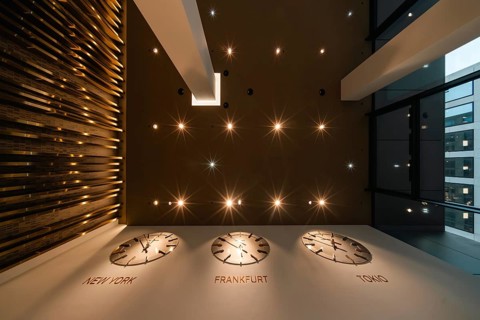 World clock in modern lobby design. Global Tower, banking district, Frankfurt am Main, Hesse,