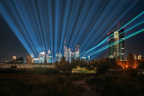 Laser show over the metropolis on the Main. Oberrad, Frankfurt am Main, Hesse, Germany