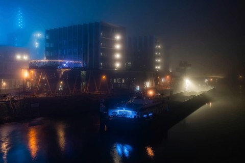 Fog meets neon lights. Gutleutviertel. Frankfurt am Main, Hesse, Germany