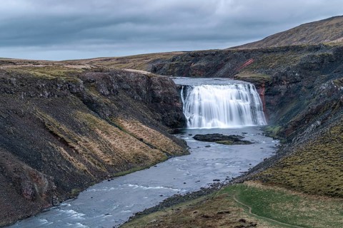 Game of Thrones original film set. When the dragon devoured a goat. Thorufoss waterfall, Golden