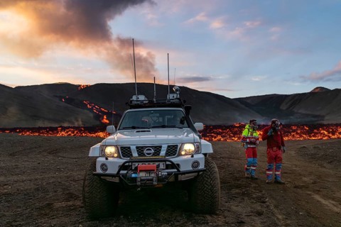 Icelandic rangers secure volcanic zone and lava field. Fagradalsfjall, Reykjanes, Iceland