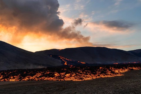 Lava flow glows in the evening light. Fagradalsfjall, Reykjanes, Iceland