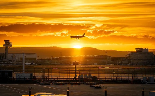 Silhouette of a jet at sunset. Frankfurt Airport, Hesse, Germany
