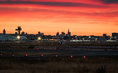 Airport with skyline at sunny sunrise. Frankfurt Airport, Hesse, Germany
