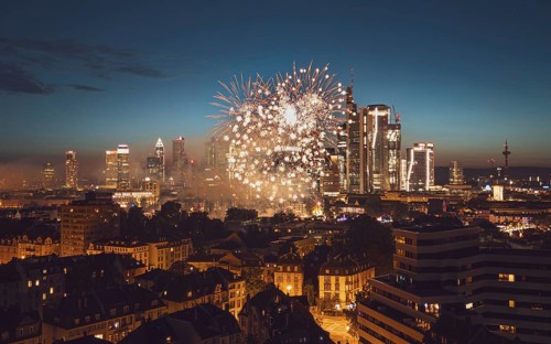 Fireworks over the annual Mainfest. Main riverbank Frankfurt am Main, Hesse, Germany