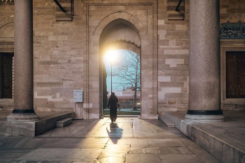 Mosque exit in the light. Suleymaniye Mosque. Fatih, Istanbul, Turkey