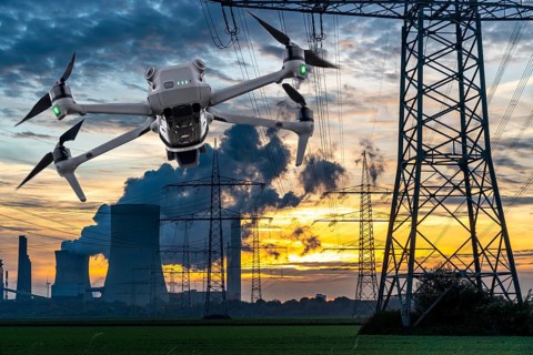 Symbolic image, photomontage, reconnaissance, spying with drones in industrial plants, critical