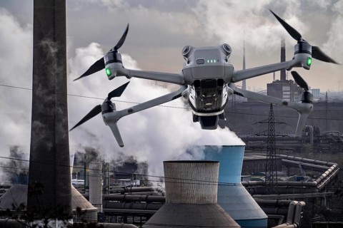Symbolic image, photomontage, reconnaissance, spying with drones in industrial plants, critical