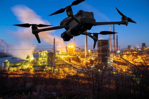 Symbolic image, photomontage, reconnaissance, spying with drones in industrial plants, critical