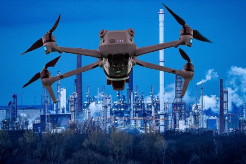 Symbolic image, photomontage, reconnaissance, spying with drones in industrial plants, critical