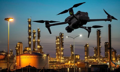 Symbolic image, photomontage, reconnaissance, spying with drones in industrial plants, critical