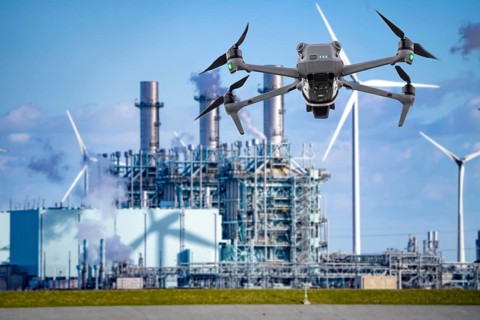 Symbolic image, photomontage, reconnaissance, spying with drones in industrial plants, critical