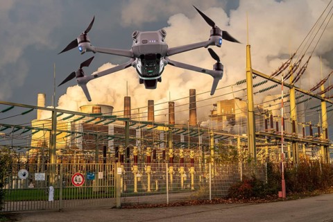 Symbolic image, photomontage, reconnaissance, spying with drones in industrial plants, critical