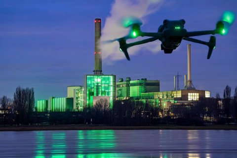 Symbolic image, photomontage, reconnaissance, spying with drones in industrial plants, critical