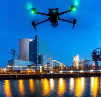 Symbolic image, photomontage, reconnaissance, spying with drones in industrial plants, critical