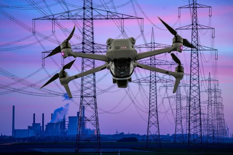 Symbolic image, photomontage, reconnaissance, spying with drones in industrial plants, critical