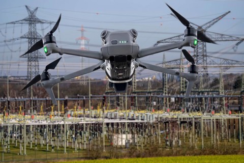 Symbolic image, photomontage, reconnaissance, spying with drones in industrial plants, critical