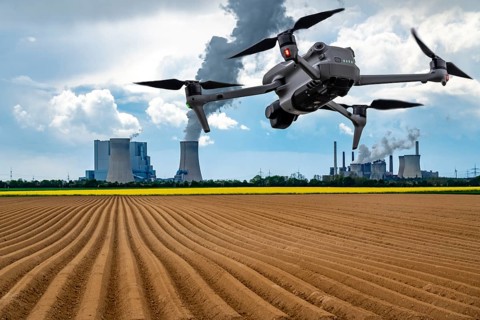 Symbolic image, photomontage, reconnaissance, spying with drones in industrial plants, critical