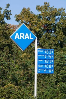 Aral logo and price board at an Aral petrol station, Germany