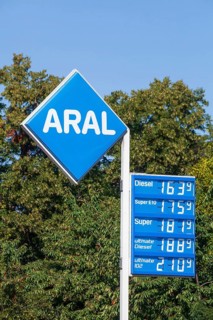 Aral logo and price board at an Aral petrol station, Germany