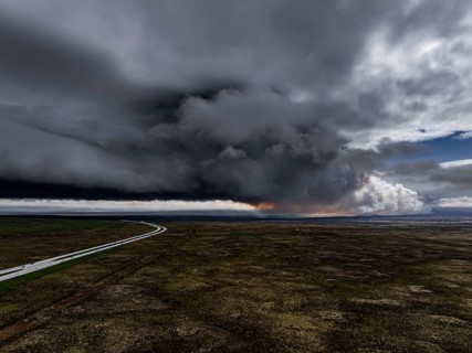 Volcano, volcanic eruption, ash cloud, road, aerial view, Sundhnúkur crater chain, July 2025,