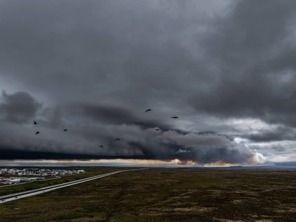 Volcano, volcanic eruption, ash cloud, road, village, aerial view, Sundhnúkur crater chain, July