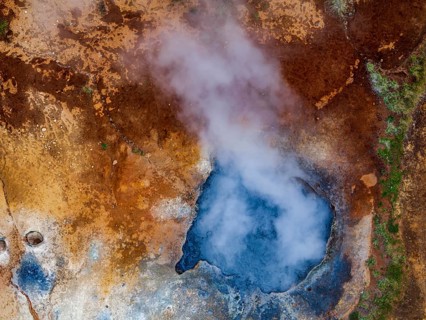 Hot springs, aerial view, evening light, summer, Krysuvik, Reykjanes Peninsula, Iceland