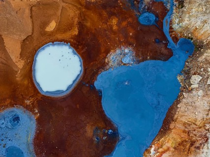 Hot springs, aerial view, evening light, summer, Krysuvik, Reykjanes Peninsula, Iceland