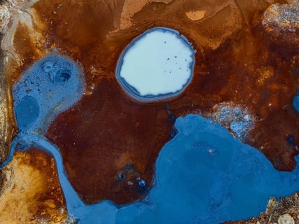Hot springs, aerial view, evening light, summer, Krysuvik, Reykjanes Peninsula, Iceland