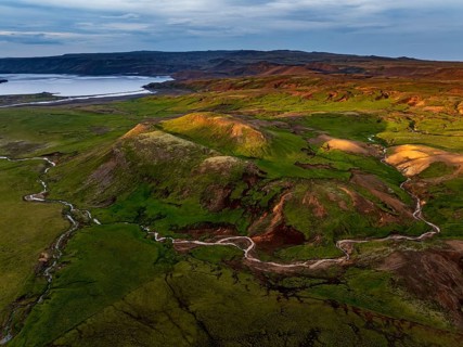 Mountain landscape, hot springs, aerial view, evening light, summer, Krysuvik, Reykjanes Peninsula,