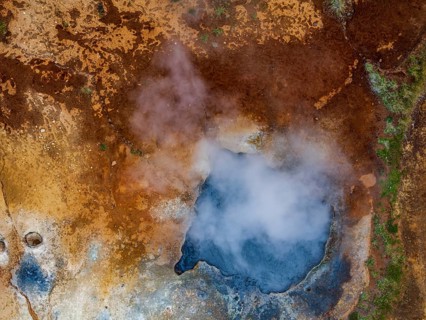 Hot springs, aerial view, evening light, summer, Krysuvik, Reykjanes Peninsula, Iceland