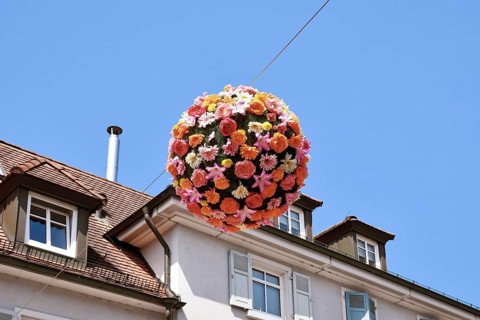 Ettlingen, Germany - August 13th 2025: Floral sphere of flowers hanging above street as summer