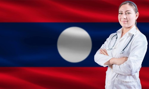 Female doctor on Laos flag. Doctor with crossed arms on Laos flag. Laos health and care concept