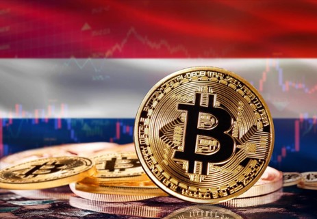 Bitcoin with Netherlands flag in the background. Investors in cryptocurrency and Blockchain