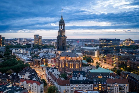 Aerial view of the main church St. Michaelis with a view of Reeperbahn, Dancing Towers and Bunker