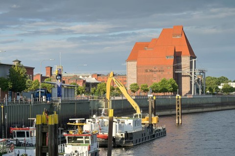 Old warehouse at the city harbour, Elbuferpromenade, Wittenberge, district of Prignitz,