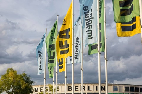 IFA flags fly in front of the south entrance of Messe Berlin at the IFA consumer electronics