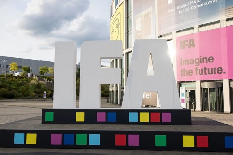 The IFA logo stands in front of the south entrance of Messe Berlin at the IFA consumer electronics