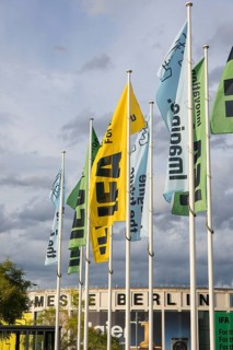 IFA flags fly in front of the south entrance of Messe Berlin at the IFA consumer electronics