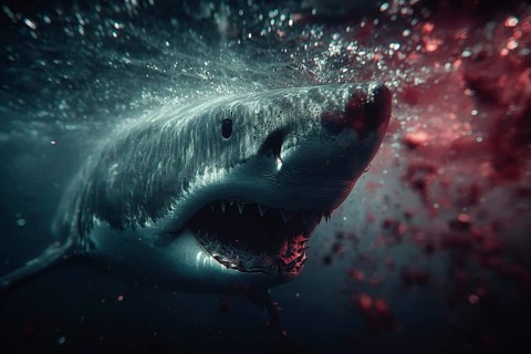 A shark swims menacingly in blood-soaked water with open mouth and sharp teeth, AI generated, AI