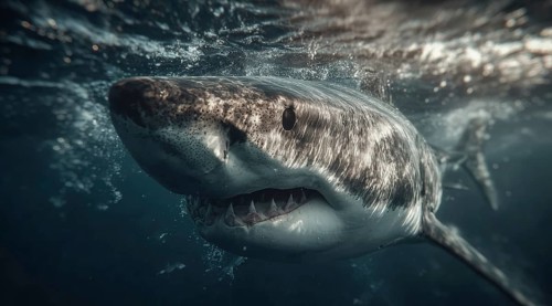 A shark swims near the surface in dark water, AI generated, AI generated