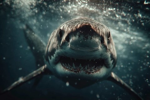 Close-up of a shark underwater, looking menacingly at the camera, AI generated, AI generated